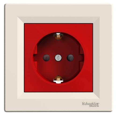 Asfora - پریز تکی با ارت جانبی - 16A - محافظ کودک - کرم و قرمز