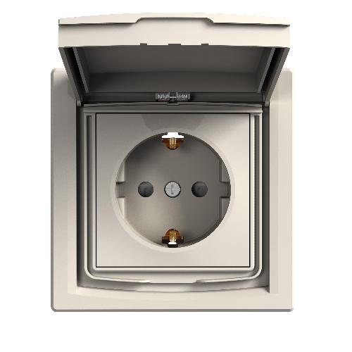 Asfora - پریز تکی با ارت جانبی - 16A - درپوش دار - محافظ کودک - IP44 - کرم