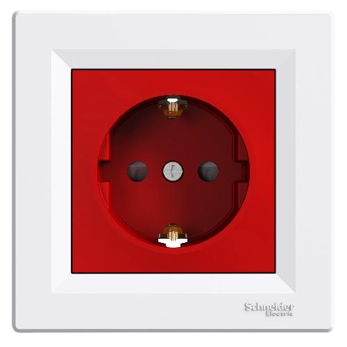 Asfora - پریز تکی با ارت جانبی - 16A - محافظ کودک - سفید و قرمز